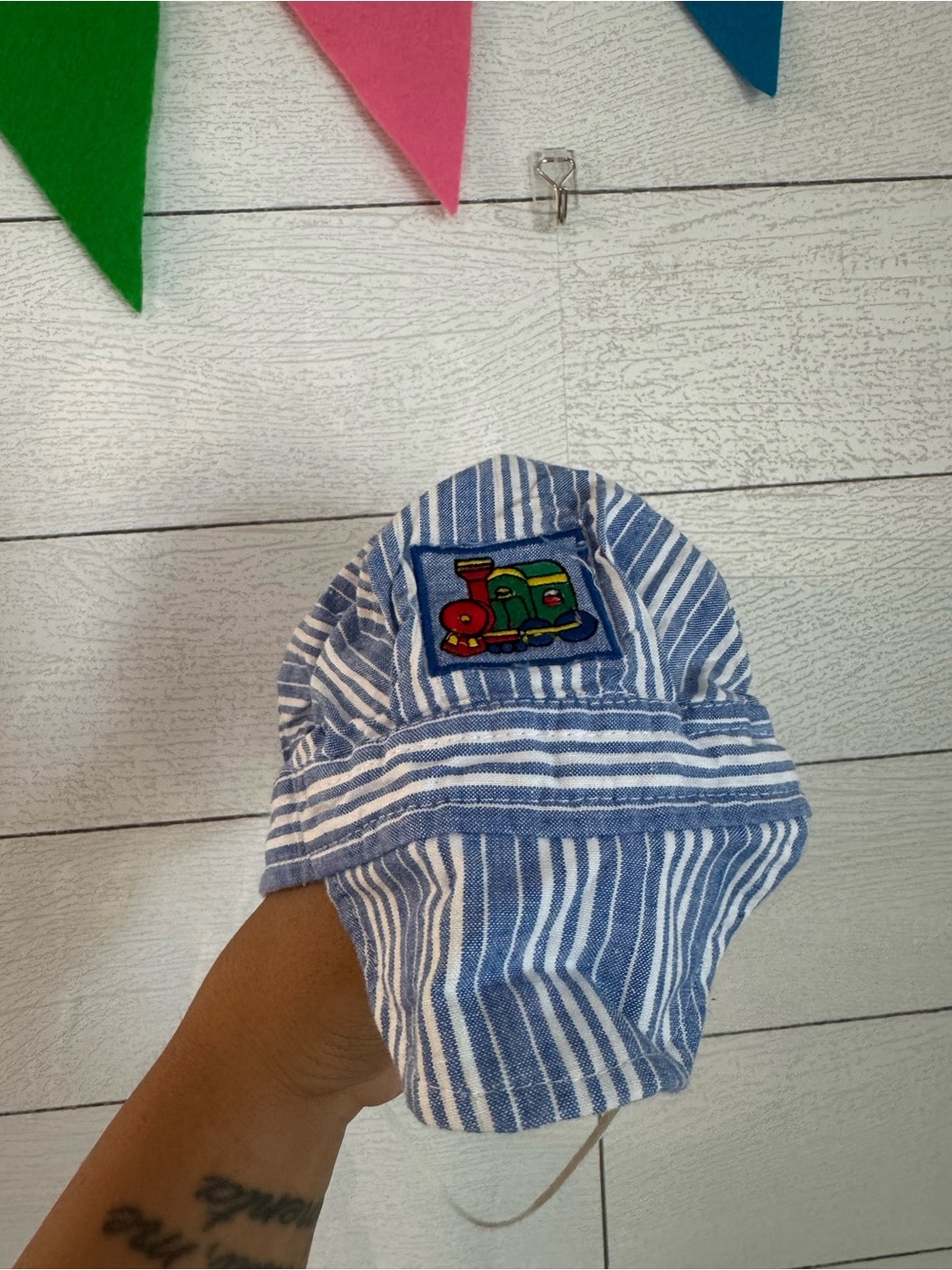 Vintage Striped Blue & White Kids Train Cap - Unbranded